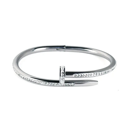 a silver design bracelet set with gemstones all around
