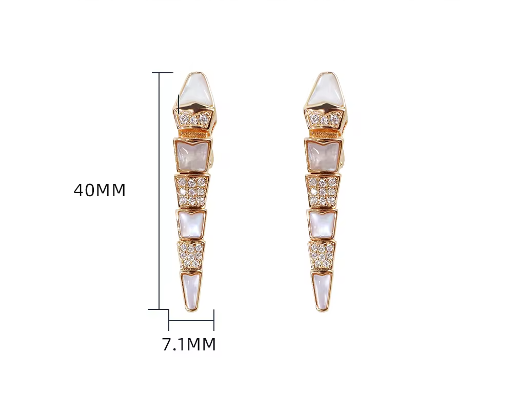a pair of rose gold earrings with measurements besides them