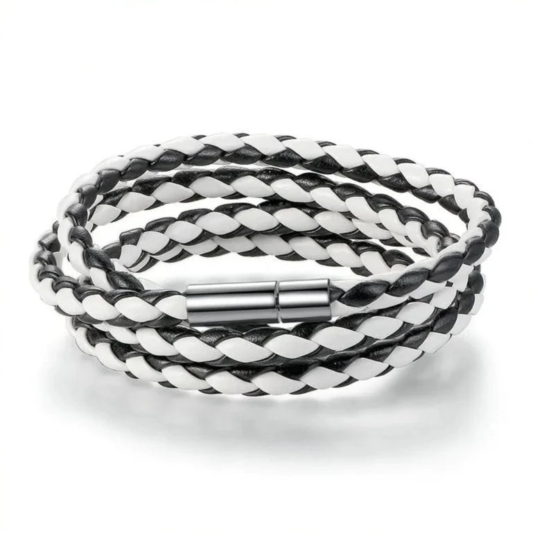 a white and black leather bracelet. this variant is called Clear