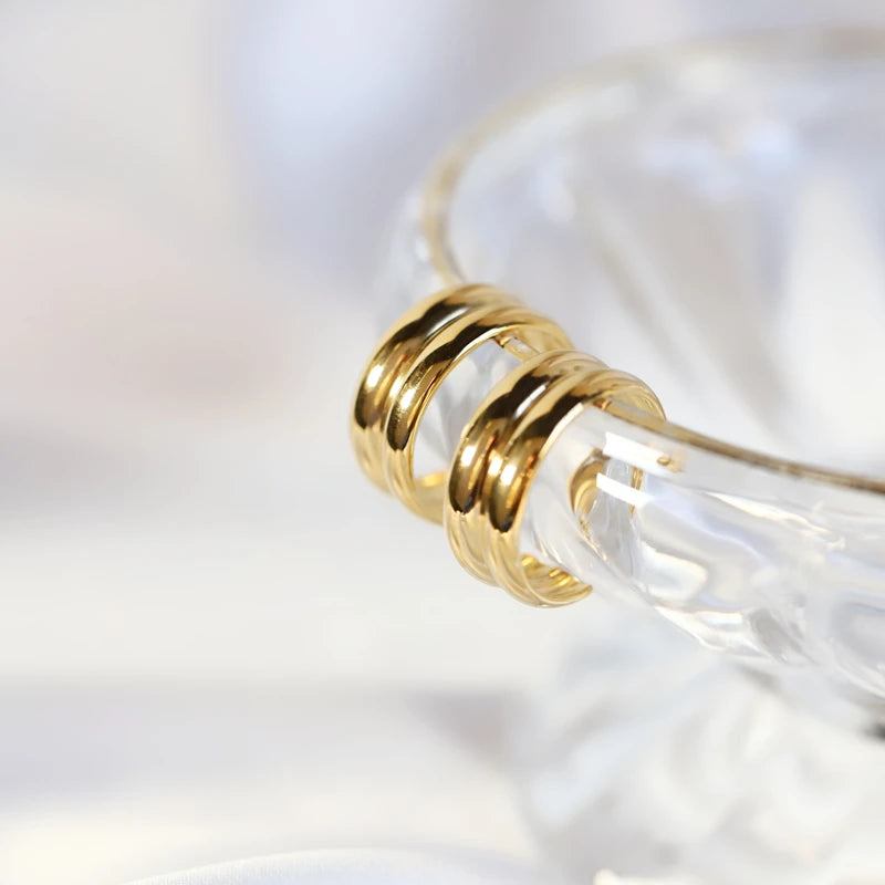 a close up of a pair of golden hoop earrings hanging on a glass