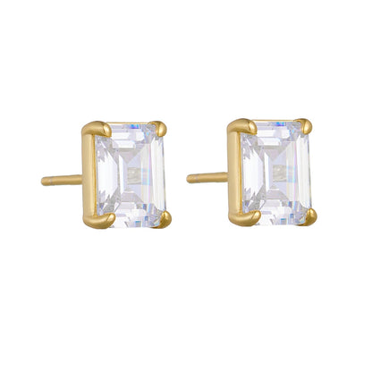 a pair of gold earrings with a square cut stone on a white background